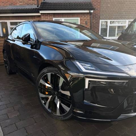 Detailed black Polestar on a block paved driveway