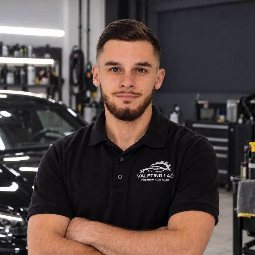 Jem, owner of Valeting Lab, in a branded polo shirt at his detailing unit